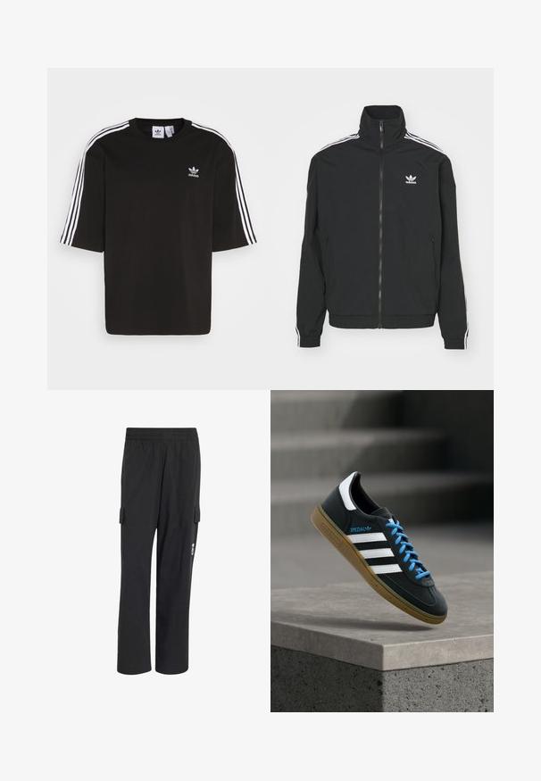 Zwarte jas met hoge kraag, ritssluiting en twee zijzakken. Witte drie-strepen accenten op de mouwen en klein logo op de borst.; Zwarte T-shirt met korte mouwen, gemaakt van katoen, met witte drie-strepen accenten op de schouders en een geborduurd Adidas-logo op de borst.; Zwarte broek met rechte pijpen, elastische taille en cargozakken aan beide zijden, met een klein wit logo op de rechterzak.; Zwarte Adidas-sneaker met witte strepen, blauwe veters en een gumzool die boven een grijze betonnen trede zweeft in zacht licht.