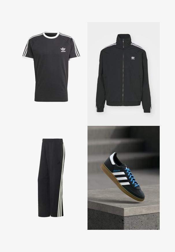 Sort jakke med høj krave, lynlås lukning og to sidelommer. Hvite tre-stribe accenter på ærmerne og lille logo på brystet.; Sort t-shirt med hvid krave og ærmekanter, der har tre hvide vandrette striber på hver skulder og et lille hvidt Adidas-logo.; Sorte Adidas træningsbukser med elastisk talje og tre hvide striber, der løber ned langs ydersiden af hvert ben.; Sort Adidas sneaker med hvide striber, blå snørebånd og gummisål, der svæver over gråt betontrin i blødt lys.