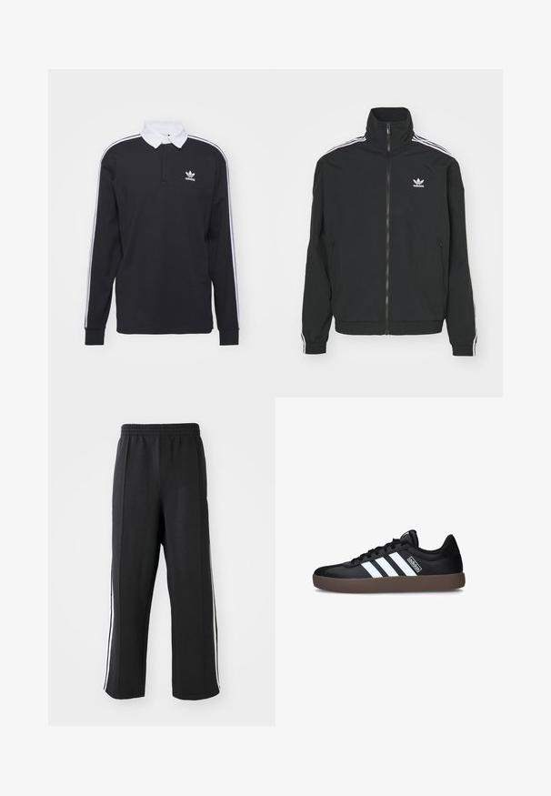 Schwarze Jacke mit hohem Kragen, Reißverschluss und zwei Seitentaschen. Weiße Akzente mit drei Streifen an den Ärmeln und kleinem Logo auf der Brust.; Schwarzes Langarm-Polohemd mit weißem Kragen und drei weißen Streifen entlang der Ärmel; verfügt über ein gesticktes Adidas-Logo auf der Brust.; Schwarze Jogginghose mit elastischem Bund, ausgestattet mit weißen seitlichen Streifen und einem lässigen Schnitt. Hergestellt aus weichem, dehnbarem Stoff.; Schwarze Sportschuhe mit weißen Streifen, einem eleganten Design, Gummisohle und strukturiertem Obermaterial. Die Markenkennzeichnung an der Seite ist minimal und dezent.