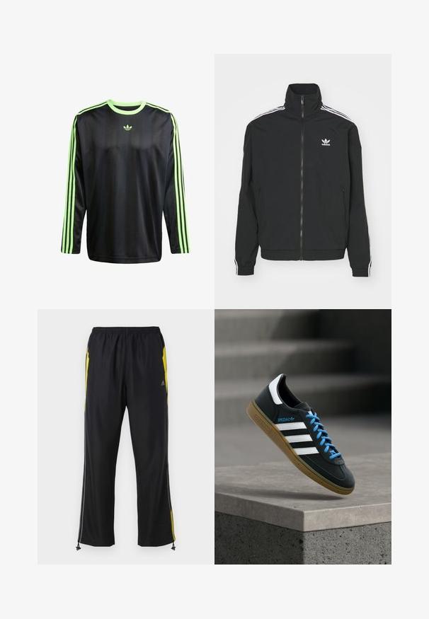 Must mustar jakk, millel on kõrge kael, tõmblukuga sulgemine ja kaks külg-taskut. Valged kolme riba aktsendid varrukatel ja väike logo rinnal.; adidas Originals JACQ - Pikkade varrukatega topp - black signal green; Must have treeningpüksid musta värvi, kollaste külgmiste aktsentidega, elastse vöökoht ja lukuga külje taskutega. Valmistatud kergest, siledast kangast.; Must Adidas toss valgete triibu, siniste paelte ja kummist tallaga, hõljuv pehme valgusega halli betoonastme kohal.
