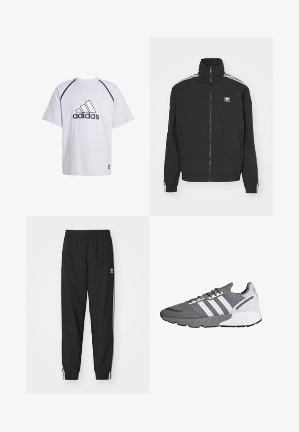 Zwarte jas met hoge kraag, ritssluiting en twee zijzakken. Witte drie-strepen accenten op de mouwen en klein logo op de borst.; Grijze katoenen t-shirt met ronde hals, korte mouwen en contrasterende zwarte accenten langs de naden. Heeft een opvallend zwart Adidas-logo.; Zwarte trainingsbroek met een elastische tailleband en boorden, voorzien van witte zijstrepen en een klein wit Adidas-logo op de linkse heup.; Grijze en witte sport schoen met een bovenwerk van mesh, drie witte strepen, een gevoerde zool en een gestructureerde grijze rubberen buitenzool.
