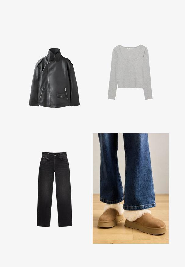 Veste en cuir noire avec col haut, fermeture éclair asymétrique à l'avant, poches zippées et poche à rabat avec bouton-pression sur le devant.; Haut gris à manches longues en coton doux, avec un décolleté en forme de bateau et un design court, présentant une texture lisse et sans motifs supplémentaires.; Jean en denim noir avec une coupe droite, présentant un style classique à cinq poches et une fermeture à bouton. Texture lisse, décoloration minimale.; Chaussons en daim marron avec un épais revers en fourrure légère, montés sur une semelle plateforme beige, associés à un jean en denim à coupe large.