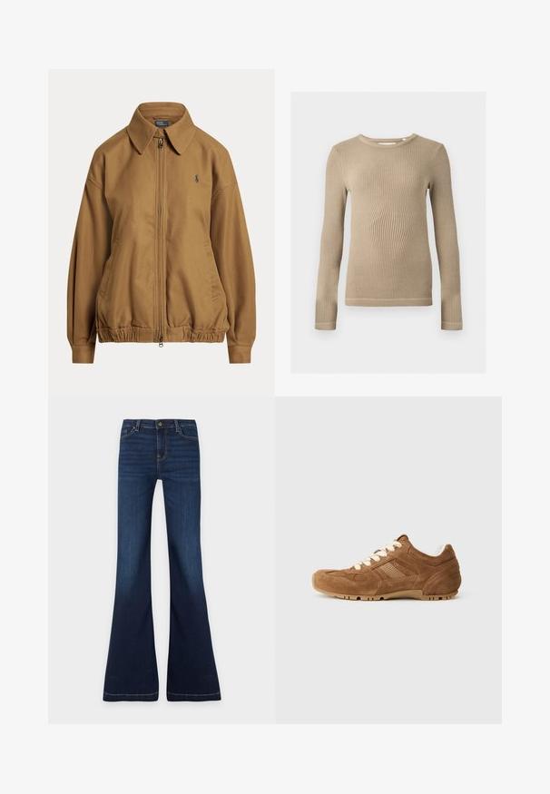 Veste marron zippée avec col, ourlet élastique, poches latérales et petit logo brodé sur le côté gauche de la poitrine.; Haut beige à manches longues en maille côtelée, col rond, silhouette ajustée et coutures visibles aux ourlets sur fond uni.; Jean en denim bleu foncé avec taille haute, fermeture par bouton et fermeture éclair, poches avant et arrière, et jambes évasées.; Baskets en cuir suédé marron avec des lacets crème, des panneaux latéraux texturés et une semelle en caoutchouc avec des stries. Bout arrondi et design de col rembourré.