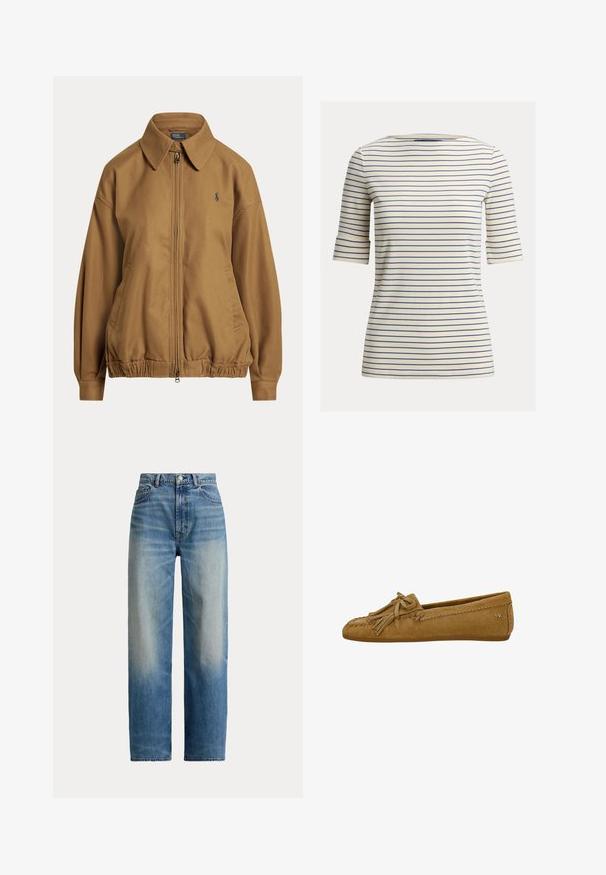 Veste marron zippée avec col, ourlet élastique, poches latérales et petit logo brodé sur le côté gauche de la poitrine.; Chemise crème à manches courtes avec de fines rayures horizontales bleu marine et un col bateau, présentée sur un fond uni.; Jean taille haute à jambes droites bleu avec devant délavé et design classique à cinq poches, fermeture par bouton et zip.; Mocassin avec mocassin en daim marron, orné de pampilles et de coutures décoratives, semelle plate et petit logo en métal sur le côté du talon.