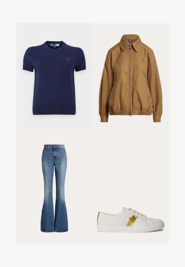 Veste marron zippée avec col, ourlet élastique, poches latérales et petit logo brodé sur le côté gauche de la poitrine.; T-shirt en tricot bleu marine à manches courtes avec un col rond et un petit logo rouge sur le côté gauche de la poitrine. Texture lisse, coupe décontractée.; Jean en denim bleu taille haute avec jambes évasées et légère décoloration sur la partie avant des cuisses, présenté sur fond blanc.; Basket basse blanche avec des lacets blancs, un détail d'une bande dorée sur le côté et une semelle blanche en caoutchouc texturée.