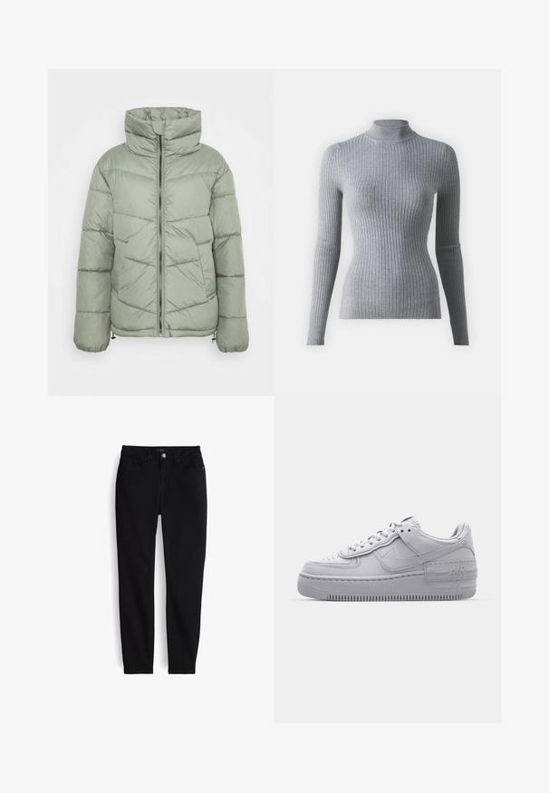 Veste doudoune vert clair avec un col montant, fermeture éclair à l'avant et motif matelassé horizontal. Comprend des cordons de serrage ajustables à l'ourlet.; Pull en maille à col roulé gris côtelé avec des manches longues. Présente un design ajusté et un col haut pour plus de chaleur.; Jean noir ajusté avec fermeture avant à boutons et zip, cinq poches, et passants pour ceinture, présenté à plat sur un fond blanc.; Basket en cuir lisse gris Nike Air Force 1 avec un bout perforé, une semelle épaisse et un détail 'AIR' en relief sur le talon.