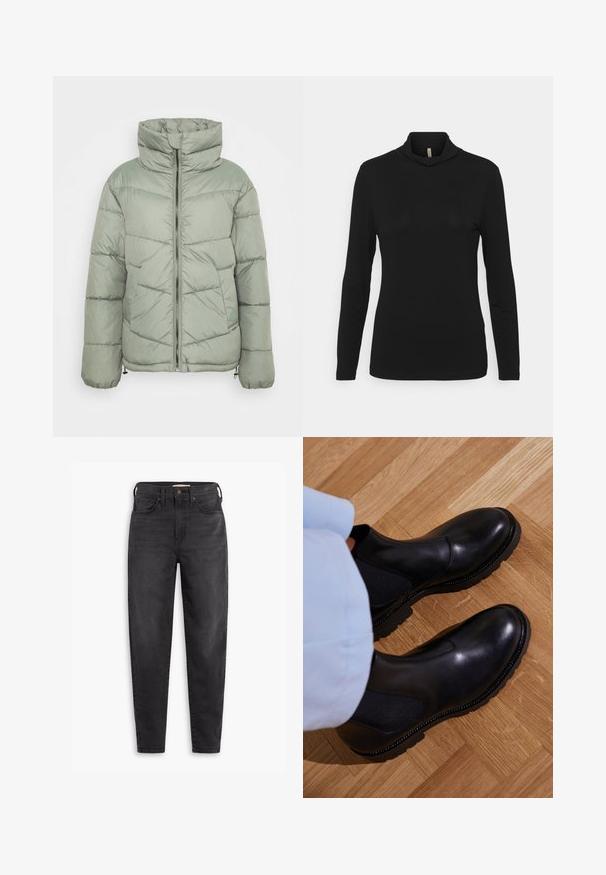 Chaqueta acolchada verde claro con un alto cuello, cierre frontal de cremallera y patrón de acolchado horizontal. Incluye cordones ajustables en el dobladillo.; Top negro de manga larga y cuello alto, hecho de una tela suave con un corte holgado y un diseño de cuello drapeado, que presenta una textura suave.; Jeans ajustados de talle alto y color negro, con bolsillos delanteros y traseros, cierre de botón y pasadores para cinturón, exhibidos sobre un fondo blanco.; Botas negras de tobillo hechas de cuero suave con paneles laterales elásticos, una suela de goma texturizada y costuras en contraste a lo largo del borde.