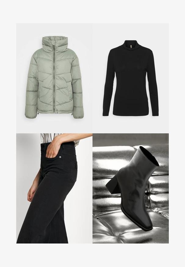 Lichtgroene pufferjack met een hoge kraag, rits aan de voorkant en een horizontaal gestikt patroon. Inclusief verstelbare trekkoorden aan de zoom.; Zwarte lange mouwen turtle neck top van zacht materiaal met een relaxte pasvorm en een gedrapeerd halsontwerp, voorzien van een gladde textuur.; Zwarte denim wijde pijpen jeans met een hoge taille, een voorzak en een achterzak met patch. Gladde textuur met minimale stiksel details.; Zwarte enkellaarsjes van glanzend materiaal met een vierkante neus en taps toelopende hak, afgezet tegen een glanzende zilveren gecapitonneerde achtergrond.