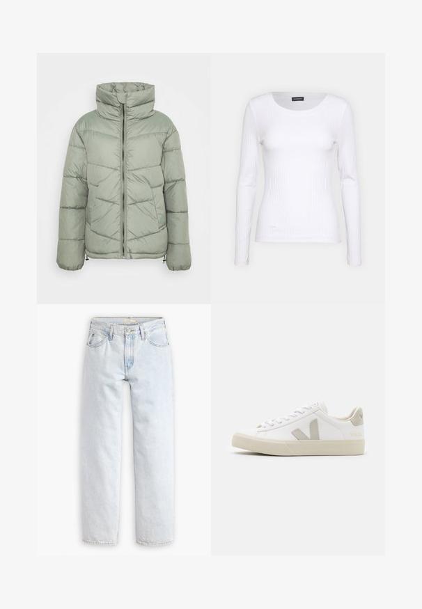 Veste doudoune vert clair avec un col montant, fermeture éclair à l'avant et motif matelassé horizontal. Comprend des cordons de serrage ajustables à l'ourlet.; T-shirt à manches longues blanc côtelé avec un col rond. Fabriqué en un tissu extensible qui épouse le corps. Présente de fines lignes horizontales.; Jean en denim bleu clair, à jambes droites et taille haute, comportant cinq poches, un système de fermeture à bouton à l'avant et des détails de couture visibles.; Baskets blanches en cuir avec des accents gris en forme de V, semelle en caoutchouc texturé, lacets blancs, et languette et col rembourrés.