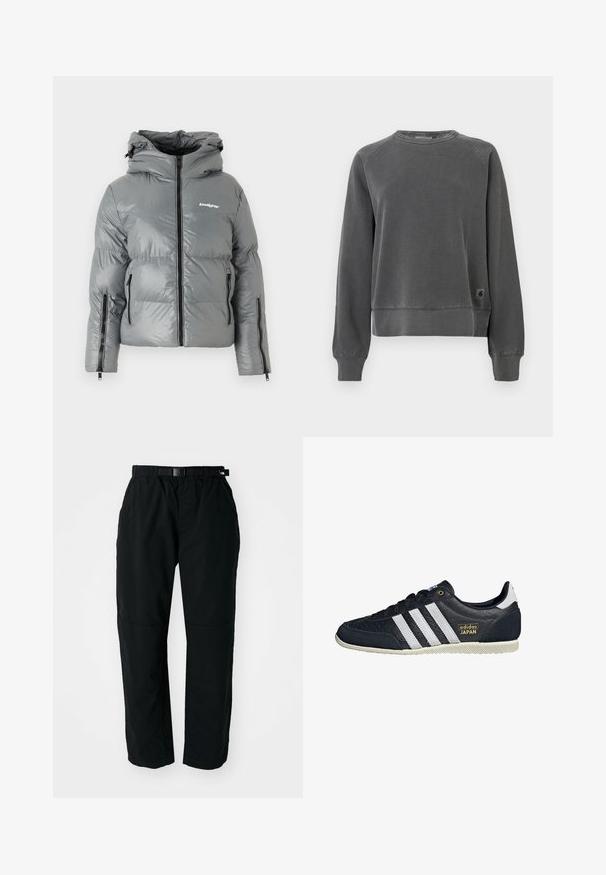 Grå pufferjakke med hætte, der har en frontlynlås, to sidelommer med lynlås og et logo på brystet. Glat, shiny stof.; Crewneck sweatshirt i mørkegrå stof med ribbede mansjetter og kant, samt et lille logo-patch på den nederste side. Blød tekstur.; Sorte letvægtsbukser med elastisk talje og justerbart bælte. Har tapered ben og forstærkede knæpaneler for holdbarhed.; Sorte lædersneakers med tre hvide striber, en struktureret finish, guld "adidas JAPAN" logo og en gummisål med grebmønster.