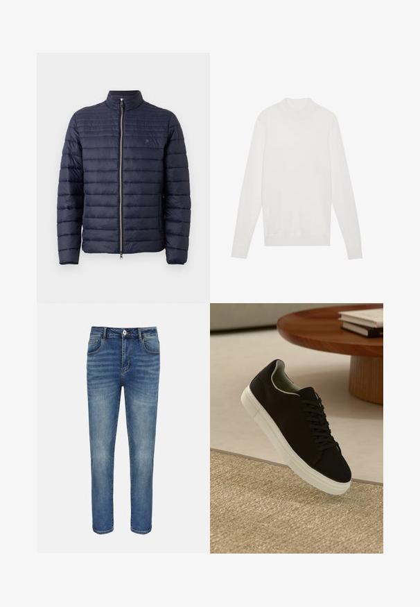 Veste rembourrée pour homme bleu marine avec col montant, fermeture éclair à l'avant et motif matelassé horizontal. Fabriquée en tissu léger et lisse.; Pull-over blanc avec un col montant, des manches longues et des poignets et un ourlet côtelés. Fabriqué en tissu tricoté doux. Design simple et ajusté.; Jean droit bleu avec bouton et fermeture éclair à l'avant, passants pour ceinture et poches avant et arrière.; Baskets noires avec semelle blanche flottant au-dessus d'un tapis texturé beige, près d'une table en bois ronde avec des livres empilés.