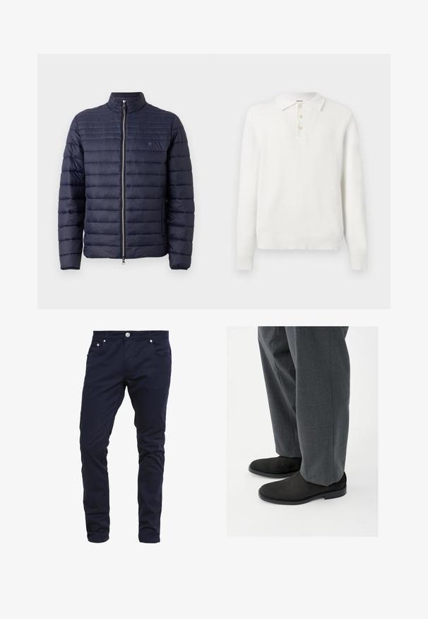 Marineblauwe gewatteerde mannenjas met een staande kraag, ritssluiting aan de voorkant en horizontaal quiltpatroon. Gemaakt van lichtgewicht, gladde stof.; Witte lange mouwen gebreide poloshirt met kraag en drie beige knopen op de sluiting, weergegeven op een effen lichte achtergrond.; Navy blauwe slim-fit broek van een katoenmix, met een knoopsluiting, vijf zakken en subtiele stiksel details.; Zwarte enkellaarsjes van suède met een gladde textuur, een ronde neus en een lage hak, gecombineerd met op maat gemaakte grijze broek met een subtiel patroon.