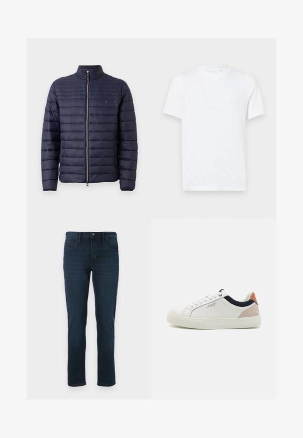 Dunkelblau gepolsterte Herrenjacke mit Stehkragen, Vorderreißverschluss und horizontalem Steppmuster. Hergestellt aus leichtem, glattem Stoff.; Weißes Baumwoll-T-Shirt mit Rundhalsausschnitt und kurzen Ärmeln. Mit einem kleinen, eingeprägten Logo auf der linken Brust. Glatte Textur.; Dunkelblaue Denim-Jeans mit geradem Bein, fünf Taschen, einem Knopfverschluss und dezentem Verblassen an der Vorderseite.; Weiße Leder-Sneaker mit einem Low-Top-Design, marineblauem Stoffakzent am Kragen und einem hellrosa Wildleder-Hackenteil. Gummisohle.