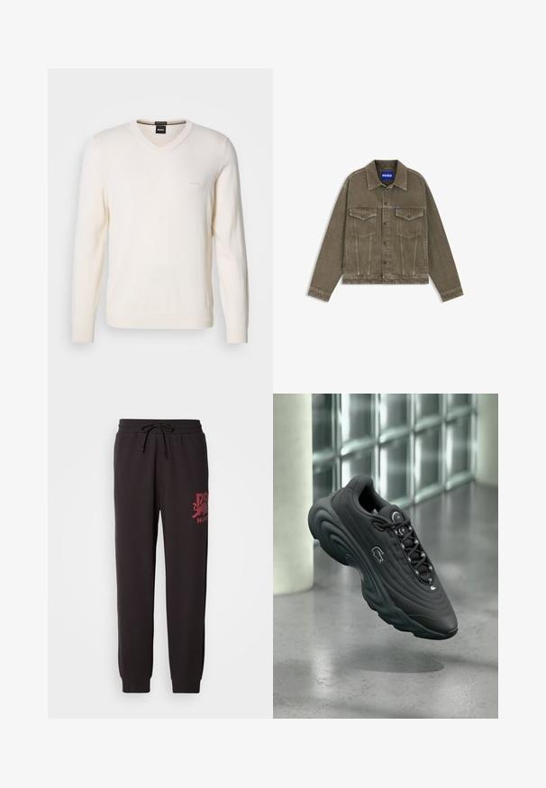Herre olivengrøn denimjakke med knapper, to brystlommer med klap og sidelommer, mærket HUGO label indeni kraven.; V-hals sweater i off-white, lavet af blødt strikstof. Har lange ærmer og diskret logo-broderi på venstre bryst.; Sorte sweatpants med snøre i taljen, prydet med et maroon trykt logo på venstre ben. Fremstillet af blødt, struktureret stof.; Sort sneaker med tekstureret overdel, buet sål og reflekterende detaljer. Har en logo på siden og snørelukning.