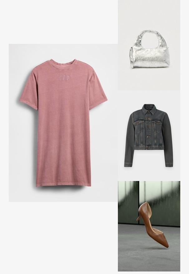 Mørkegrå denimjakke med knapfront, to brystlommer med knapklapper, lange ærmer og klassisk krave på en hvid baggrund.; Lyserød bomulds-T-shirt med korte ærmer, rund hals og et diskret "GAP"-logo trykt på brystet. Blød tekstur og afslappet pasform.; Brun læder højhælet sko med spids tå, smal hæl og åbne sider, sat mod en neutral grå baggrund.; Sølvhåndtaske med et struktureret mønster af geometriske former og cirkler, der har et afrundet håndtag og en aftagelig rem.