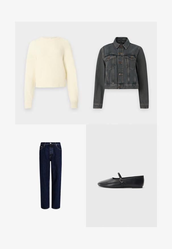 Veste en denim gris foncé avec fermeture à boutons, deux poches poitrine avec rabats à boutons, manches longues et un col classique sur un fond blanc.; Pull court de couleur crème, fabriqué à partir d'un matériau doux et duveteux, avec des manches longues, des poignets côtelés et un col rond.; Jeans en denim bleu foncé avec une coupe droite, dotés d'une taille haute, d'un style à cinq poches et de coutures contrastantes. Sans embellissements.; Ballerines noires en cuir avec un bout pointu, une semelle plate et une petite sangle avec un détail de boucle en argent.