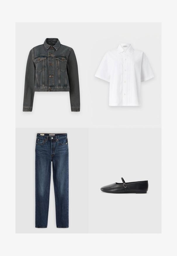 Dunkelgraue Jeansjacke mit Knopfleiste, zwei Brusttaschen mit Knopfklappen, langen Ärmeln und klassischem Kragen auf weißem Hintergrund.; Weißes kurzärmliges Hemd mit Knöpfen, Kragen und vertikalen Falten Details auf der Vorderseite, dargestellt auf einem schlichten hellen Hintergrund.; Dunkelblaue gerade geschnittene Jeans mit fünf Taschen, Knopf- und Reißverschluss und kontrastierenden Nähten.; Schwarze Leder-Ballettschuhe mit spitzem Schuhzeug, flacher Sohle und einem kleinen Riemen mit silberner Schnalle.