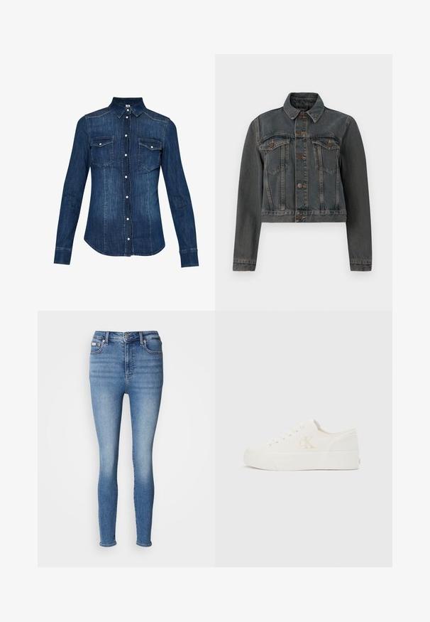 Mørkegrå denimjakke med knapfront, to brystlommer med knapklapper, lange ærmer og klassisk krave på en hvid baggrund.; Denimskjorte i mørkeblå, med frontknaplukning, spidse krave og to brystlommer med klap. Lange ærmer med knapmanchetter.; Slanke jeans i lyseblå denim med høj talje, klassisk fem-lomme-design og subtil fading med sømdetaljer.; Hvid lavt snøresko med tyk sål og "cK"-logo på siden, snørebånd foran og minimalistisk design på neutral baggrund.