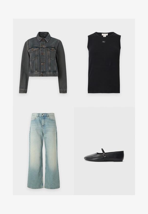 Veste en denim gris foncé avec fermeture à boutons, deux poches poitrine avec rabats à boutons, manches longues et un col classique sur un fond blanc.; Débardeur côtelé noir sans manches avec encolure ronde et petite écusson du logo Calvin Klein centré sous le col.; Jeans en denim bleu clair à jambes larges, présentant un délavage, un design classique à cinq poches et une fermeture à bouton à l'avant.; Ballerines noires en cuir avec un bout pointu, une semelle plate et une petite sangle avec un détail de boucle en argent.