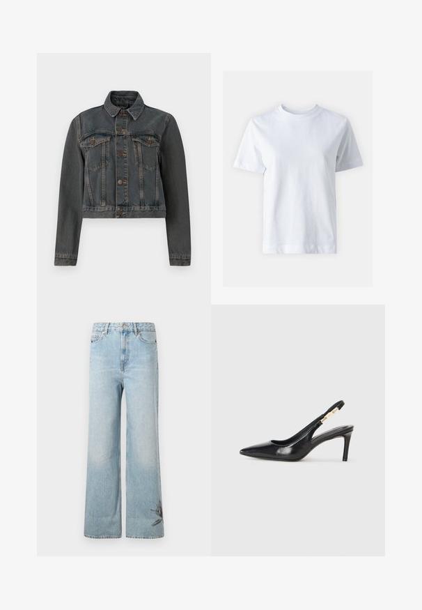 Mørkegrå denimjakke med knapfront, to brystlommer med knapklapper, lange ærmer og klassisk krave på en hvid baggrund.; Hvid bomulds t-shirt med rund halsudskæring, korte ærmer, lige snit og glat tekstur. Ingen mønstre eller dekorationer.; Lysblå vide jeans lavet af denim, med en falmet tekstur og blomsterbroderi detalje på den nederste venstre ben.; Sort læder slingback højhælede sko med spidse tæer, glat overflade og en smal ankelrem med guldfarvede hardware detaljer.