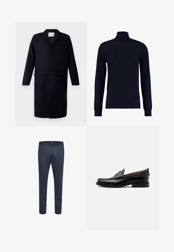 Manteau en laine bleu marine foncé avec col cranté, manches longues, fermeture à boutons, deux poches avant et une coupe droite.; Pull en col roulé navy en tissu tricoté doux. Présente des manches longues et des accents côtelés au col et aux poignets. Design simple.; Pantalons bleu marine en tissu texturé avec une coupe slim, dotés d'une fermeture à bouton et de passants de ceinture, adaptés à un usage décontracté ou formel.; Mocassin homme en cuir noir avec couture moc toe, bride penny, col texturé et petit talon empilé sur fond blanc.