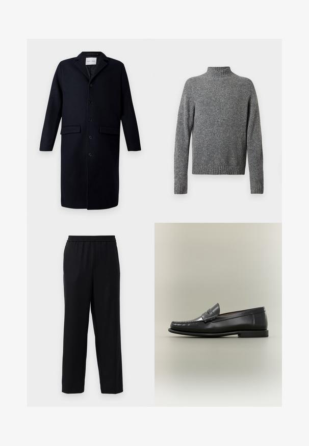 Mørkeblå uldfrakke med kilekrave, lange ærmer, knaplukning, to forlommer og en lige silhuet.; Grå spottet strikket sweater med høj krave, lange ærmer og ribstrikkede manchetter og bund.; Sorte bukser med elastisk talje, lige ben-design og et glat, let stof. Ingen synlige lommer eller mønstre.; Sort læder herresko med moc-toe-design, penny-rem og lav hæl på en neutral baggrund.