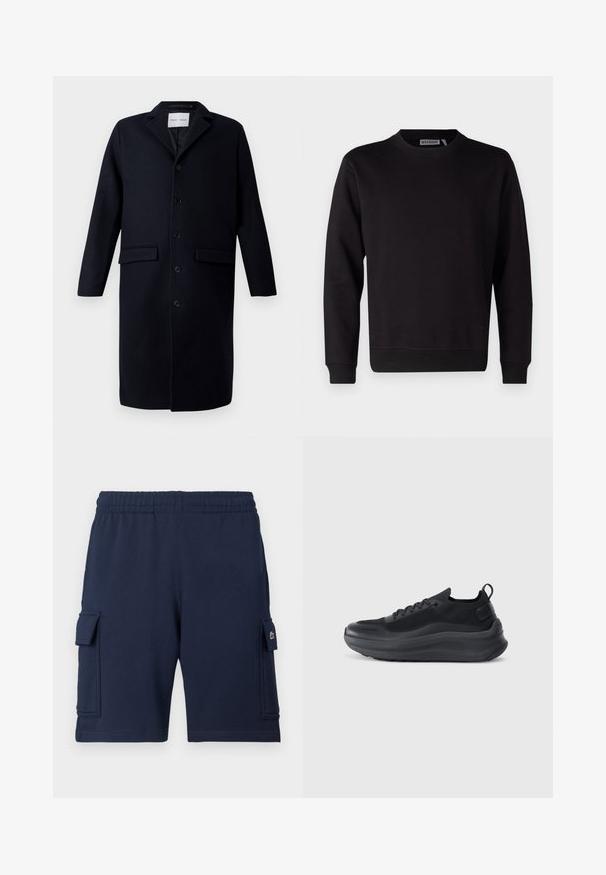 Mørkeblå uldfrakke med kilekrave, lange ærmer, knaplukning, to forlommer og en lige silhuet.; Sort sweatshirt lavet af glat bomuldsblanding, med rund hals, lange ærmer og ribstrikkede manchetter og kant. Ingen mønstre eller accenter synlige.; Marineblå cargoshorts lavet af blødt stof, med elastisk taljebånd, to sidelommer og et lille logo på venstre lomme.; Sort sportsko med mesh-overdel, teksturerede detaljer og en tyk gummisål. Har en løkke ved hælen og snørebåndsdesign.