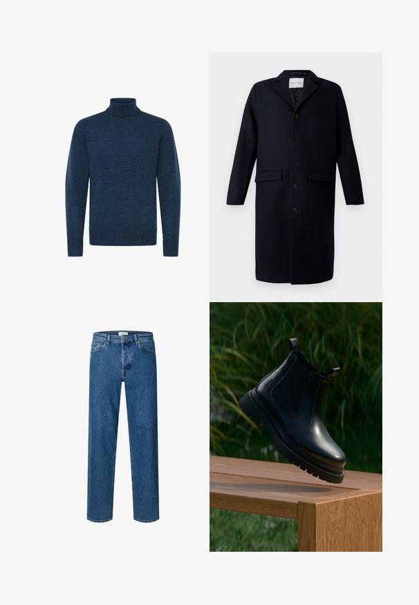Donkerblauwe wollen jas met een opstaande kraag, lange mouwen, knoopsluiting, twee voorzakken en een rechte snit.; Navyblauwe coltrui van textuurstof, met lange mouwen en geribde accenten bij de kraag en onderrand.; Blauwe straight-leg denim jeans met knoop- en ritssluiting, ceintuurlussen en een vijfzakkenontwerp.; Zwarte leren chelsea boot met een ronde neus, dikke rubberen zool en zij-elastische panelen, gepresenteerd op een houten oppervlak met groen in de achtergrond.