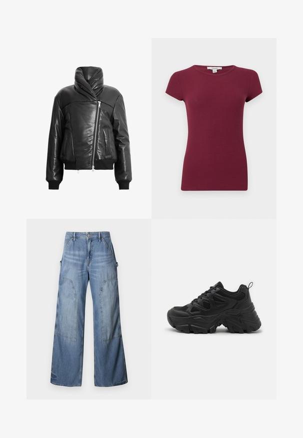 AllSaints LAUREN LEA - Daunenjacke - black; Kurzärmeliges, geripptes, lila Oberteil mit Rundhalsausschnitt, taillierter Silhouette und einfarbiger Textur, vor einfarbigem Hintergrund präsentiert.; Good American GOOD EASE RELAXED - Jeans Relaxed Fit - indigo; Schwarze Sportschuhe mit einem strukturierten Mesh-Obermaterial, einer gewölbten Gummisohle und einem auffälligen Profilmuster. Mit integriertem Schnürsystem und Zuglasche.
