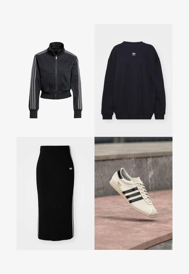 Schwarze Jeansjacke mit einem Reißverschluss vorne, hohem Kragen und grauen drei Streifen-Akzenten an den Ärmeln. Mit gerippten Bündchen und Saum.; Schwarzes Sweatshirt aus Baumwollmischung, mit geripptem Rundhalsausschnitt und Bündchen, versehen mit einem kleinen weißen Adidas-Logo in der Mitte der Brust.; Schwarzer, gerippter Midikleid mit einem taillierten Design, das weiße Seitenstreifen und ein kleines weißes Emblem auf der linken Seite aufweist.; Weißer Adidas-Sneaker mit schwarzen Streifen und beige-farbener Sohle, der über einer rosa gefärbten Betonfläche und einem grauen Steinhintergrund schwebt.