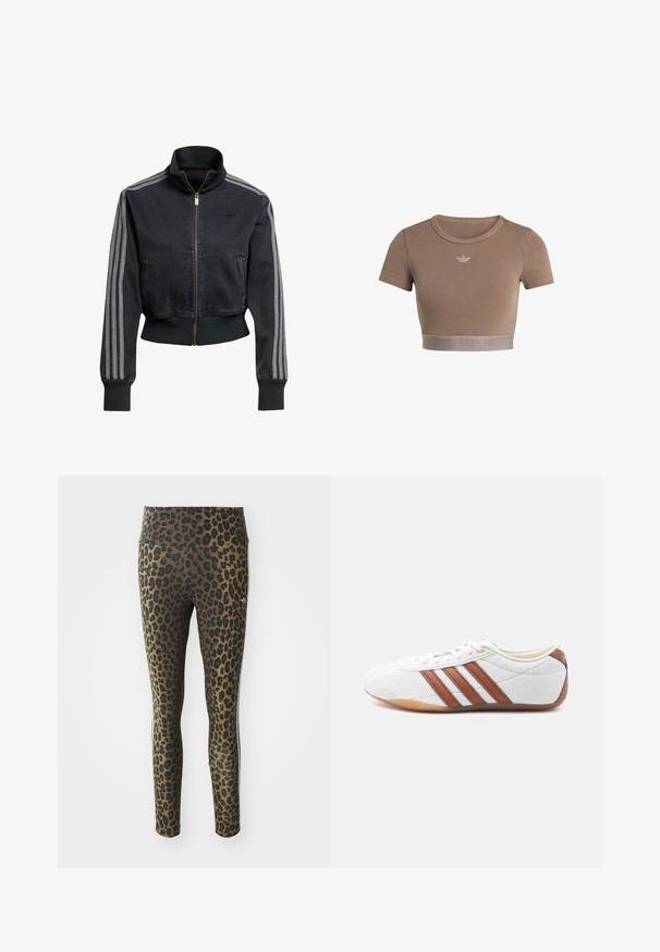 Sort denimjakke med lynlås foran, høj krave og grå tre-stribede accenter på ærmerne. Har ribbede manchetter og kant.; Brun ribstrikket cropped top med korte ærmer, rund halsudskæring og en tekstureret kant forneden med et diskret logo-mønster.; Pletterede leggings med høj talje, strækbart stof og sorte accenter på en lys brun bund, designet til komfort og pasform.; Hvid sneaker med lavt snit og brune læderstriber, snørelukning og en sål i gummi, vist fra indersiden på en hvid baggrund.