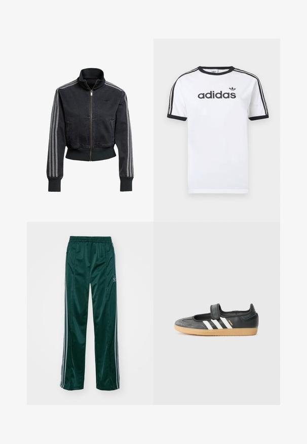 Veste en denim noire avec fermeture éclair sur le devant, col haut et accents gris à trois rayures sur les manches. Équipée de poignets et d'un ourlet côtelés.; T-shirt en coton blanc avec accents noirs, doté d'un col rond, de manches courtes, de trois bandes noires sur les épaules et du logo "adidas" en noir.; Pantalons de sport vert foncé en matériau brillant, avec des bandes latérales gris clair et un logo brodé sur la jambe gauche.; Sneaker en cuir noir et suède avec une sangle Velcro, arborant trois bandes blanches et une semelle en caoutchouc, étiqueté "SAMBA" sur le côté.