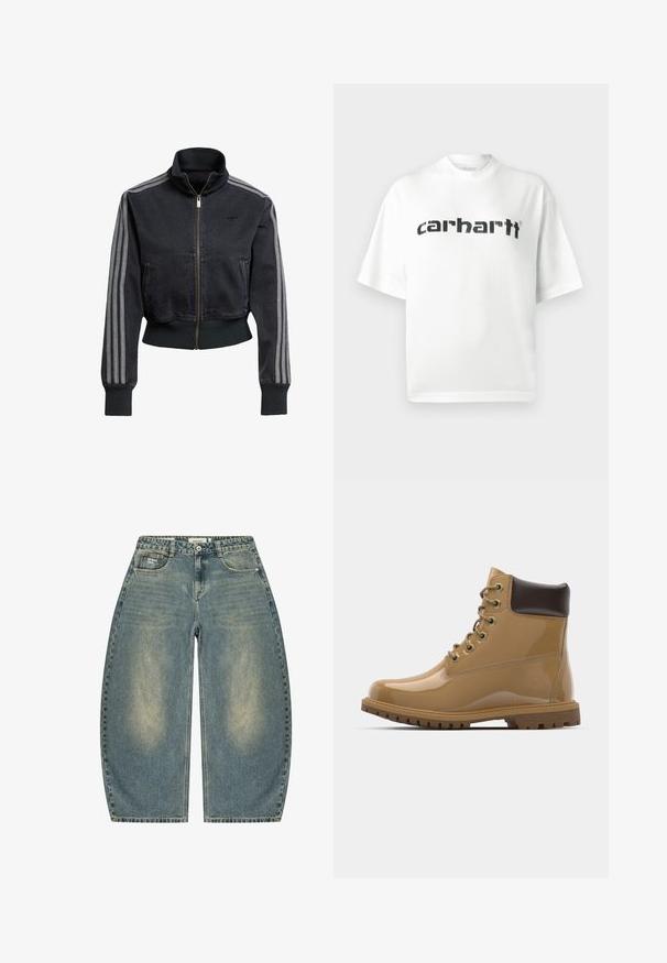 Sort denimjakke med lynlås foran, høj krave og grå tre-stribede accenter på ærmerne. Har ribbede manchetter og kant.; Hvid bomuldst-shirt med rund hals og korte ærmer. Har sort "carhartt"-logo trykt hen over brystet. Enkel design, afslappet pasform.; Vidbenede, falmede blå denimjeans med forlommer, knaplukning og et "project blue"-mærke på den højre forlomme.; Tan laklæder ankelstøvler med brune accenter, rund tå, seks metaløjer, brune snørebånd og struktureret gummisål.