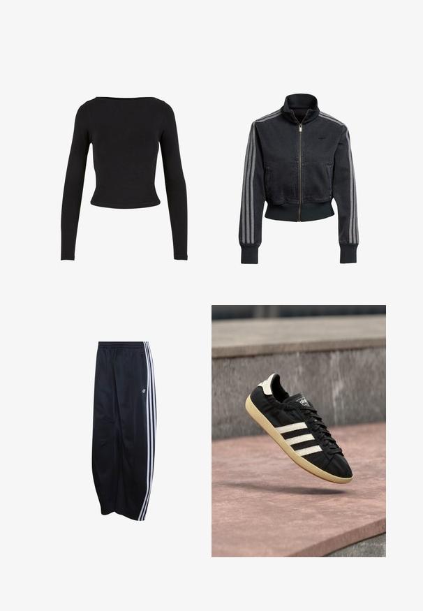 Sort denimjakke med lynlås foran, høj krave og grå tre-stribede accenter på ærmerne. Har ribbede manchetter og kant.; Sort, langærmet crop top lavet af blødt, strækbart stof med et enkelt, tætsiddende design og en bred halsudskæring. Ingen mønstre eller udsmykninger.; Sorte Adidas træningsbukser med elastisk talje, hvide tredobbelte striber ned langs siden, lynlåslomme og logo på venstre ben.; Sort Adidas sneaker med hvide striber og beige sål, fanget i luften over en stenet overflade og baggrund af en stenmur.