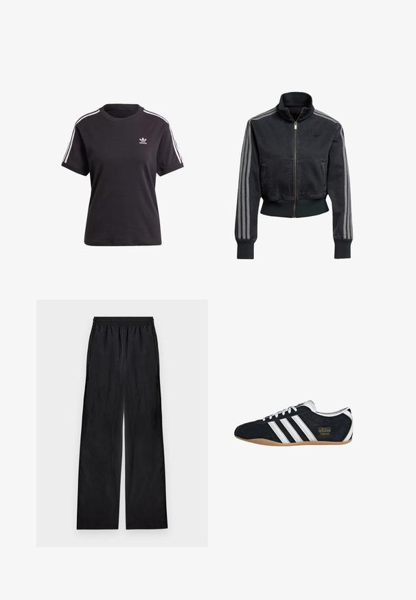 Sort denimjakke med lynlås foran, høj krave og grå tre-stribede accenter på ærmerne. Har ribbede manchetter og kant.; Sort bomulds t-shirt med korte ærmer og rund hals, der har hvide striber på skuldrene og et lille hvidt Adidas-logo på brystet.; Sorte bukser med vide ben og elastik i taljen, lavet af letvægtsstof, vist fladt på en lys baggrund.; Sort ruskinds sneaker med hvide tre striber, guldlogo og en brun gummisål. Har et lavprofil snørebåndsdesign.