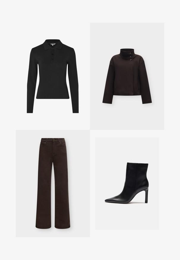Sort jakke med høj krave og tre knapper i siden, lange ærmer og en let cropped, boxy pasform.; Langærmet sort polo shirt lavet af ribbet stof, med en klassisk krave og en tre-knaps placket foran.; Mørkebrune bukser med lige ben, frontknap og lynlås, bæltestropper og forlommer, vist mod en ensfarvet lys baggrund.; Zign by Zalando Højhælede støvletter - black