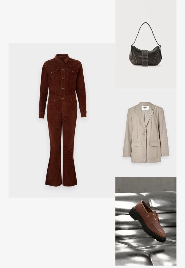 Hellbrauner Blazer aus strukturiertem Stoff, mit zwei Fronttaschen, einem Ein-Knopf-Verschluss und einem Reverskragen-Design.; Brauner Corduroy-Overall mit Kragen, langen Ärmeln, lässigen Beinen, Brusttaschen und metallischen Knopfakzenten. Glatte Textur und taillierter Schnitt.; Brauner Leder-Loafer mit schwarzer, grober Sohle, der über einer metallisch silbernen, gesteppten Oberfläche schwebt.; Schwarze Leder-Schultertasche mit Schnallengurt-Detail, abgerundeten Kanten und kontrastierenden weißen Nähten auf schlichtem Hintergrund.