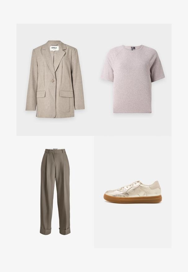 Lichtbruine blazer van gestructureerde stof, met twee voorzakken, een enkele knoopsluiting en een piekflap ontwerp.; Lichtbeige t-shirt met korte mouwen, gemaakt van zachte, gestructureerde stof, met een ronde halslijn en raglanmouwen.; Taupekleurige broek met hoge taille, riemlussen, plooien aan de voorkant en brede boorden bij de enkels.; Metallische gouden sneakers met een gladde afwerking, voorzien van een rubberen zool, vetersluiting en subtiele perforaties op de neus.