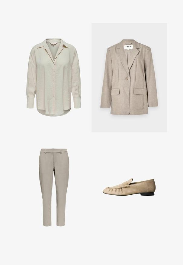 Lys brun blazer lavet af tekstureret stof, med to frontlommer, en enkelt knaplukning og design med snitkrave.; Lys beige skjorte med knapper og krave, lange ærmer og et let struktureret stof. Har en buet kant og knapper foran.; Lysegrå, slim-fit bukser med bæltestropper, sidelommer og lige ben mod en hvid baggrund.; Beige ruskind flad loafer med syningsdetaljer og en lille sort hæl, vist i sideprofil på hvid baggrund.