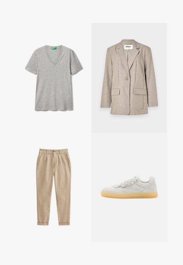 Hellbrauner Blazer aus strukturiertem Stoff, mit zwei Fronttaschen, einem Ein-Knopf-Verschluss und einem Reverskragen-Design.; Graues Kurzarm-T-Shirt mit V-Ausschnitt. Aus weichem Baumwollstoff gefertigt. Hat ein einfaches, unaufdringliches Design.; Beige Chinos aus leichtem Baumwollstoff. Mit schmal zulaufendem Bein, vorderen Falten, Seitentaschen und umgeschlagenen Bündchen. Bürstetexur.; Weiße Leder-Sneaker mit durchbrochenen Akzenten, runder Zehenpartie und cremefarbener Gummisohle. Verfügt über tonale Nähte und ein minimalistisches Design.