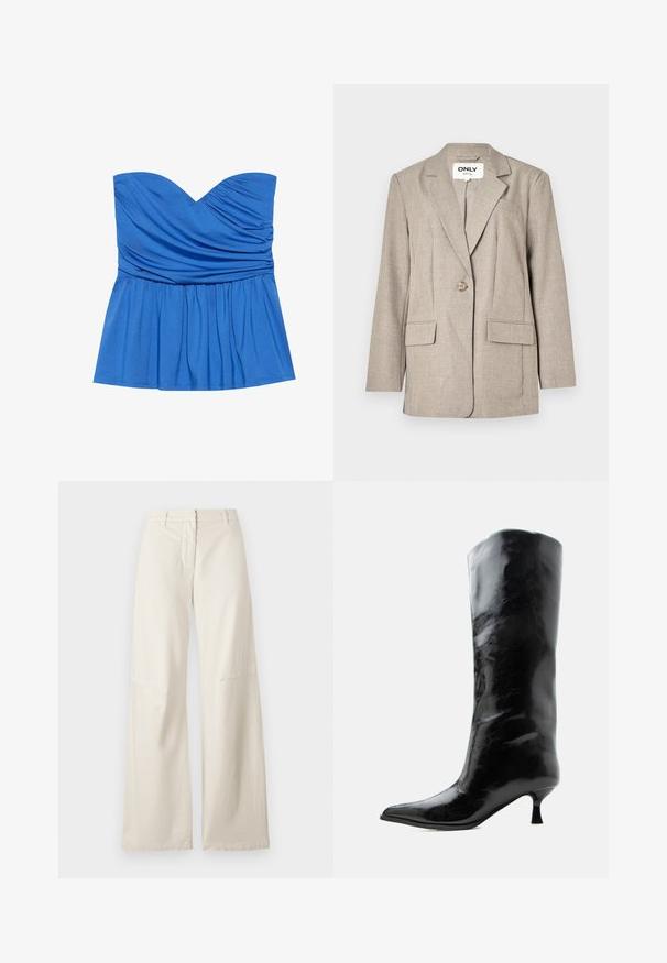 Lys brun blazer lavet af tekstureret stof, med to frontlommer, en enkelt knaplukning og design med snitkrave.; Blå strampefri peplum top lavet af glat stof, med en sweetheart-udskæring og samlet detaljering ved brystet og taljen.; Vide benbukser i et cremefarvet bomuldsstof. Har høj talje, struktureret design og minimal syning. Flad front med lommer.; Sort skinnende knæhøj læderstøvle med spids tå og lav buet hæl på en ensfarvet lys baggrund.