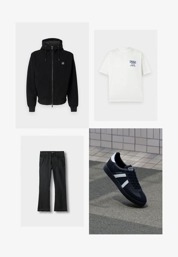 Zwarte capuchontrui van een katoenmix, voorzien van een ritssluiting aan de voorkant, geribbelde manchetten en zoom, en een logopatch op de linkerborst.; Wit T-shirt met korte mouwen met blauw "Replay"-logo en de tekst "Call 423-9251" op de linkerbovenborst.; Zwarte spijkerbroek met rechte broekspijpen, voorzakken en ruwe, rafelige zoom, plat gelegd op een lichte achtergrond.; Zwarte leren sneaker met witte strepen, een gestructureerde rubberen zool en vetersluiting aan de voorkant. Voorzien van een merklabel op de tong.