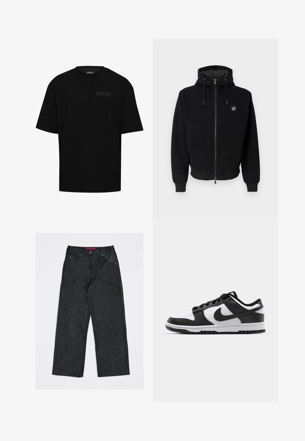 Sweat à capuche noir en mélange de coton, doté d'une fermeture éclair sur le devant, de poignets et d'un ourlet côtelés, ainsi que d'un patch logo sur le côté gauche de la poitrine.; T-shirt en coton noir à manches courtes, col rond et logo discret "DROPSIZE" sur le côté gauche de la poitrine. Coupe standard.; Jean en denim gris foncé à jambes larges avec cinq poches et une étiquette de marque rouge sur la ceinture intérieure.; Baskets Nike Dunk en noir et blanc avec une tige en cuir, un bout perforé, des lacets noirs et une semelle en caoutchouc noir avec un motif de semelle.