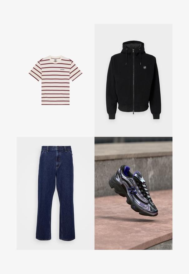 Sort hættetrøje lavet af bomuldsblanding med lynlås foran, ribstrikkede manchetter og kant, samt et logopatch på venstre bryst.; Kortærmet T-shirt med vandrette maroon- og cremefarvede striber, med "Dickies" logo broderet på venstre bryst.; Mørkeblå denim jeans med lige ben-design, der har knaplukning, fem lomme-stil og diskrete syninger.; Sort og lilla New Balance 1000 sneaker i luften over en betonoverflade med en sløret stenvæg i baggrunden.