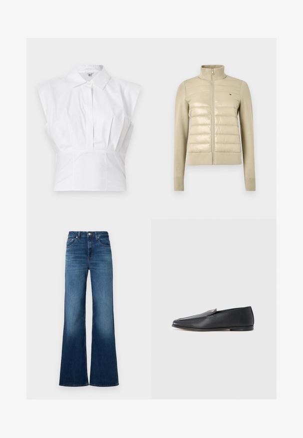 Veste matelassée beige avec un col montant, dotée d'un panneau avant brillant et de manches et poignets en maille douce, fermeture éclair et petit logo.; Blouse blanche sans manches avec col, boutons cachés sur le devant et détail cintré à la taille, présentée sur un fond uni.; Jean évasé bleu en denim, avec une taille mi-haute, cinq poches, des surpiqûres contrastantes et une finition légèrement délavée.; Mocassins en cuir noir à texture lisse, bout arrondi et détails de couture subtils. Ils présentent un accent logo doré sur le côté supérieur.