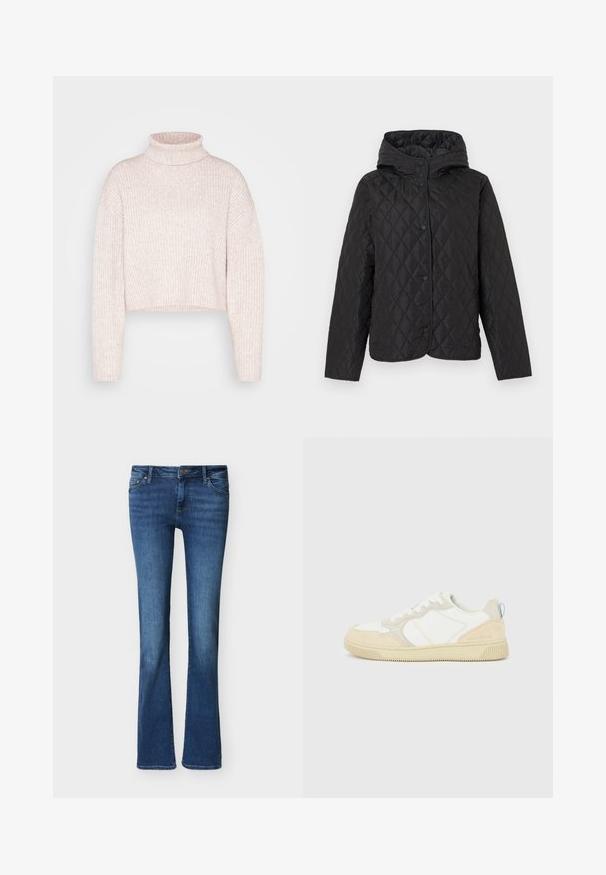 Veste matelassée noire avec capuche et boutons-pression, présentant un motif de piqûre losange et des manches longues.; Pull à col roulé côtelé rose clair, longueur cropped, avec des manches longues et une texture douce. Design minimaliste sans quincaillerie visible.; Jean bootcut en denim bleu avec poches avant, passants pour ceinture et fermeture par bouton, présenté sur un fond blanc uni.; Baskets blanches et beiges avec dessus en suède et textile, présentant des coutures contrastées, une semelle en caoutchouc et un accent bleu clair sur le talon.