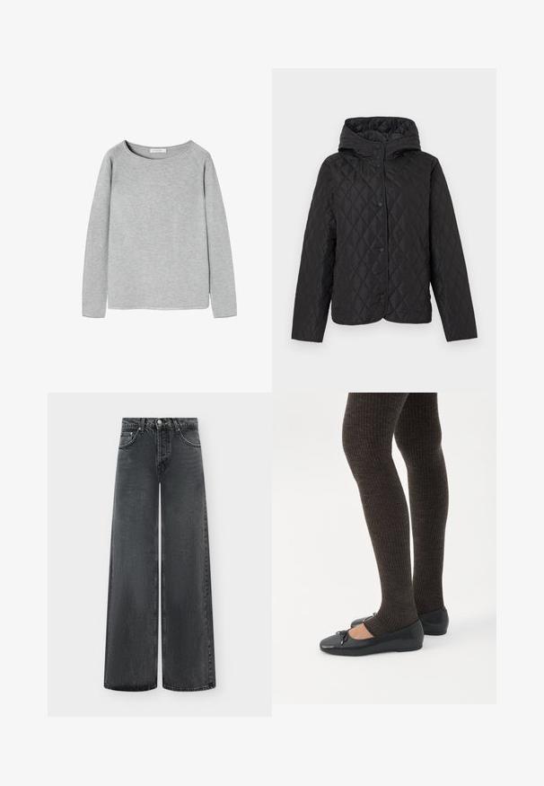 Veste matelassée noire avec capuche et boutons-pression, présentant un motif de piqûre losange et des manches longues.; Sweatshirt gris à manches longues avec un décolleté large, texture douce et manches légèrement effilées. Présente un ourlet inférieur droit et un design minimaliste.; Jean taille haute à jambes larges en denim noir délavé avec bouton à l'avant, braguette zippée et design cinq poches.; Jambes portant des leggings côtelés foncés associés à des ballerines noires avec de petits détails en nœud sur fond blanc.