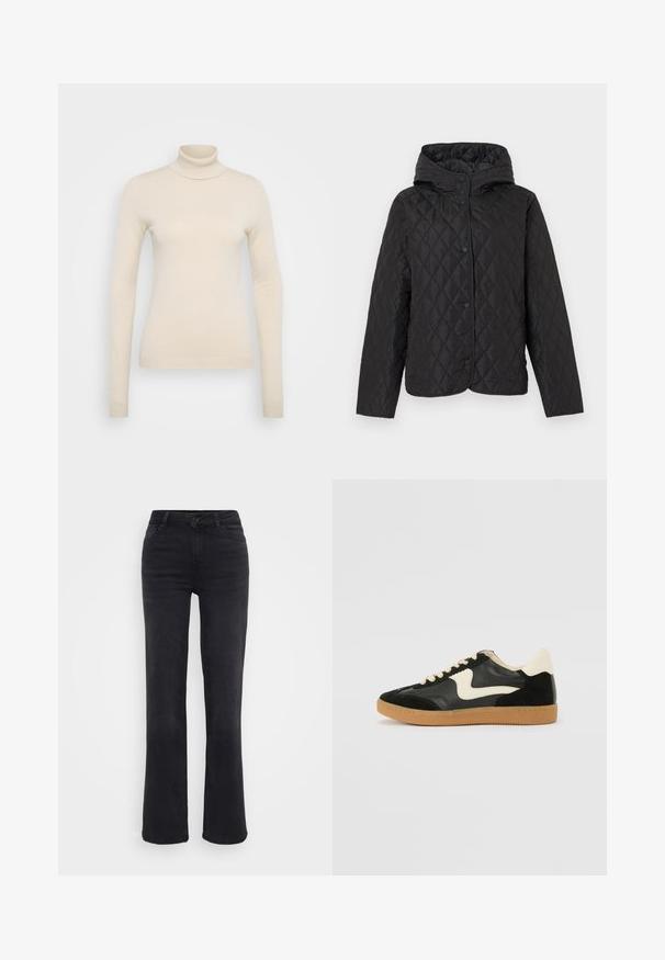 Mustast tikandiga jope koos kapuutsi ja trukkidega, millel on teemantõmblused ja pikad varrukad.; Vero Moda Tall VMHAPPINESS ROLLNECK - Džemper - oatmeal; Mustadest denimist valmistatud sirge jalgade lõikega teksased, millel on ees nuppude sulgemine, viis taskut ja tagasihoidlikud tikkimisdetailid.; Must musta ja nahast sneakersid, millel on koorevärvi külgsuund ja hele koorik. Omab beeži paelu ja kummi kummist välistalla.