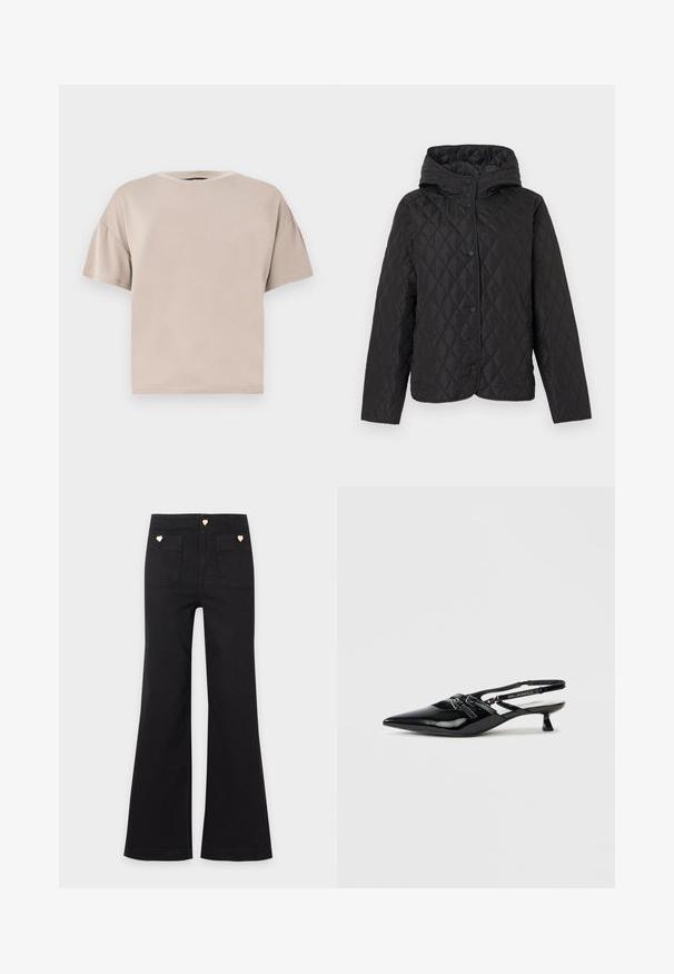 Veste matelassée noire avec capuche et boutons-pression, présentant un motif de piqûre losange et des manches longues.; T-shirt beige en coton, à manches courtes, oversize, avec col rond et ourlet droit, sur un fond clair uni.; Pantalon noir taille haute à jambes larges avec deux poches plaquées à l'avant et de petits boutons dorés en forme de cœur sur les poches et la ceinture.; Chaussure slingback en cuir verni noir avec bout pointu, petit talon carré et bride ajustable ornée de détails découpés et d'accents logo.