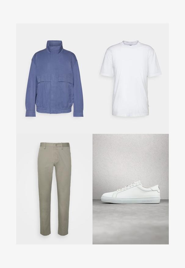 Letvægts blå jakke med høj krave, forkert lommer og elastisk kant. Fremstillet af glat stof med en let struktureret overflade.; Hvid bomulds t-shirt med rund hals, korte ærmer og lige kant. Har et lille mærke på den venstre sidesøm.; Lys grå khaki bukser med en slim fit design, der har flad front, standardlommer og en glat stofstruktur.; Hvide lædersneakers med en glat finish, rund tå, flade snørebånd og et minimalistisk design. Lys grå gummisål med branding på siden.